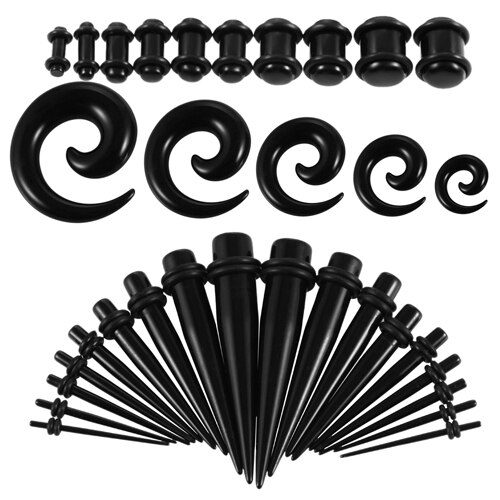 54 stks/partij Acryl Oor Taper met Pluggen Oor Piercings Spiraal Oor Versmalt Stekkers en Tunnels Kits Earlets Stretchings Body Sieraden: Black