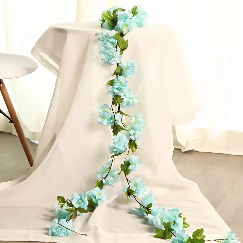 Htmeing kunstige blomster kirsebærblomst vin bryllup indretning diy rattan krans blomster vin fest hjem havedekoration: Blå