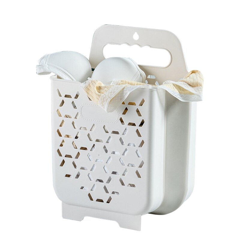 Cesta plegable de plástico para la colada, caja de almacenamiento de plástico con asa para colgar en la pared del baño, 95AA: white