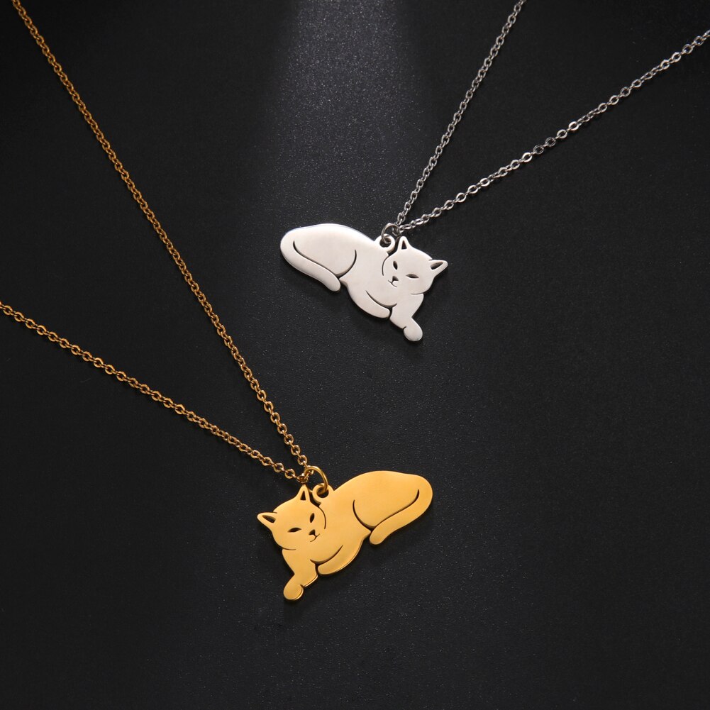 Skyrim – collier avec pendentif chat pour femmes et filles, chaîne dorée, en acier inoxydable, bijou à la , pour le cou, chaton, Animal,