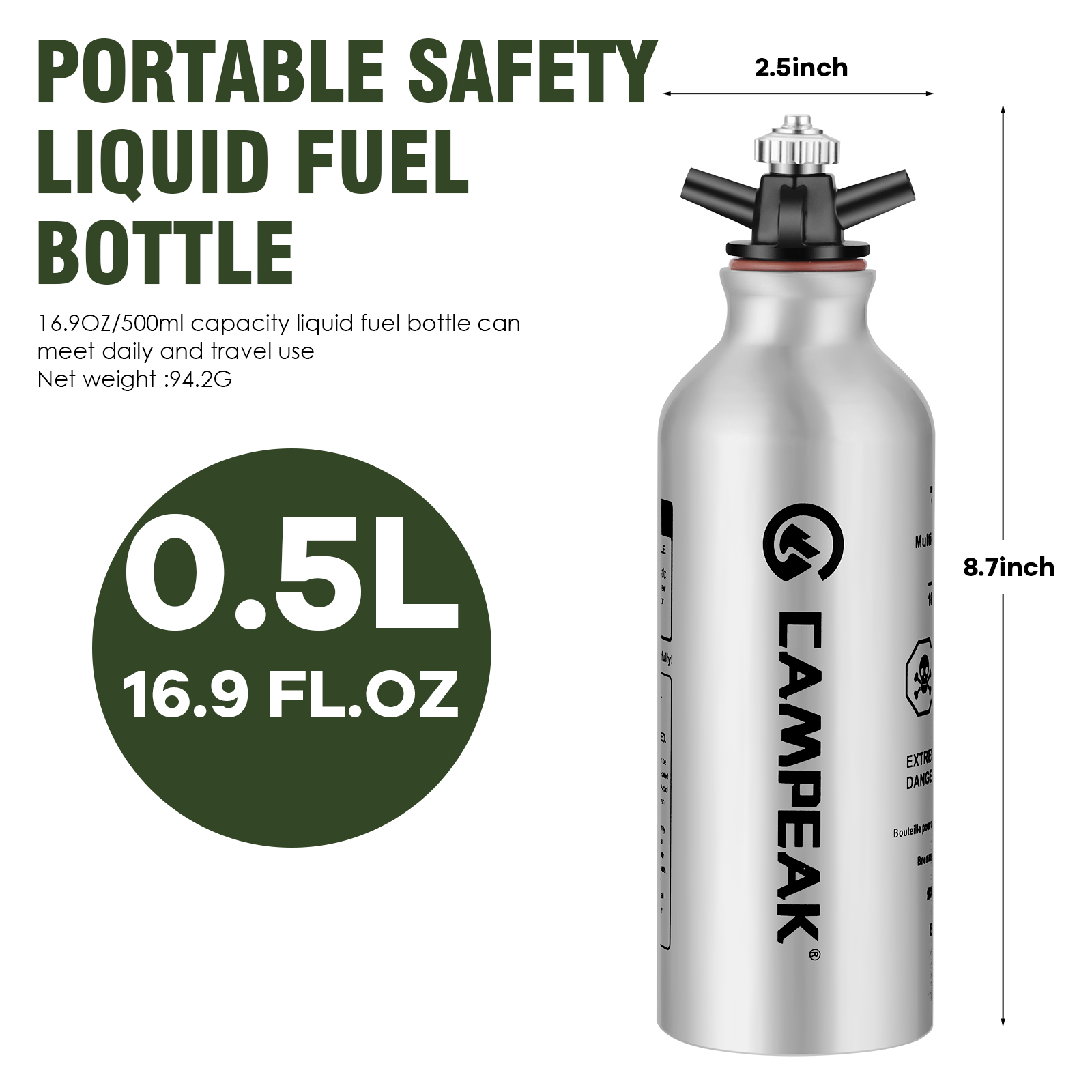 Botella de combustible líquido portátil, lata de almacenamiento de repuesto para alcohol, queroseno, gasolina, de aluminio, 0,5l/1l: Blanco