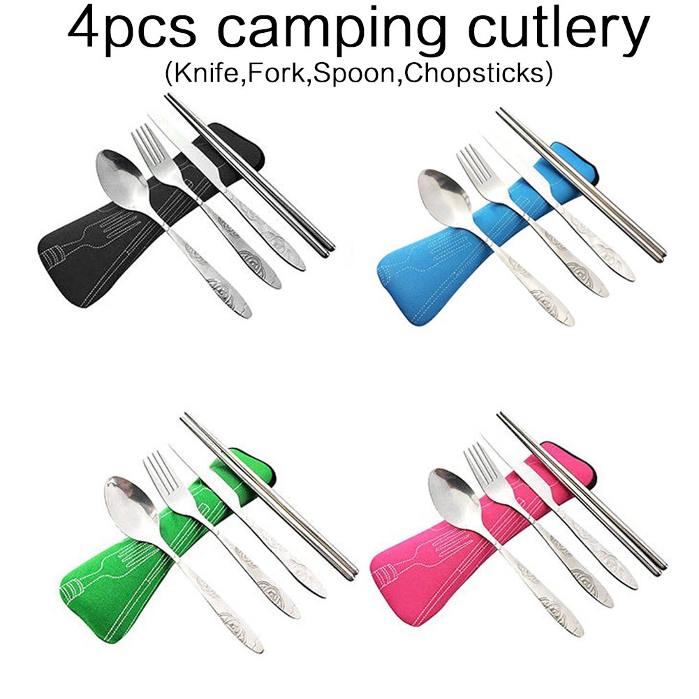 JJYY-Juego de vajilla portátil, cuchillos impresos, tenedor, cuchara, acero inoxidable, familia, Camping, carne, cubiertos, vajilla con bolsa, 4 Uds./3 uds.
