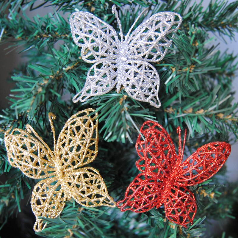 Glitter hul sommerfugl ornamenter farverig kunstig blomst sommerfugl til juletræ bryllupsfest boligindretning forsyninger
