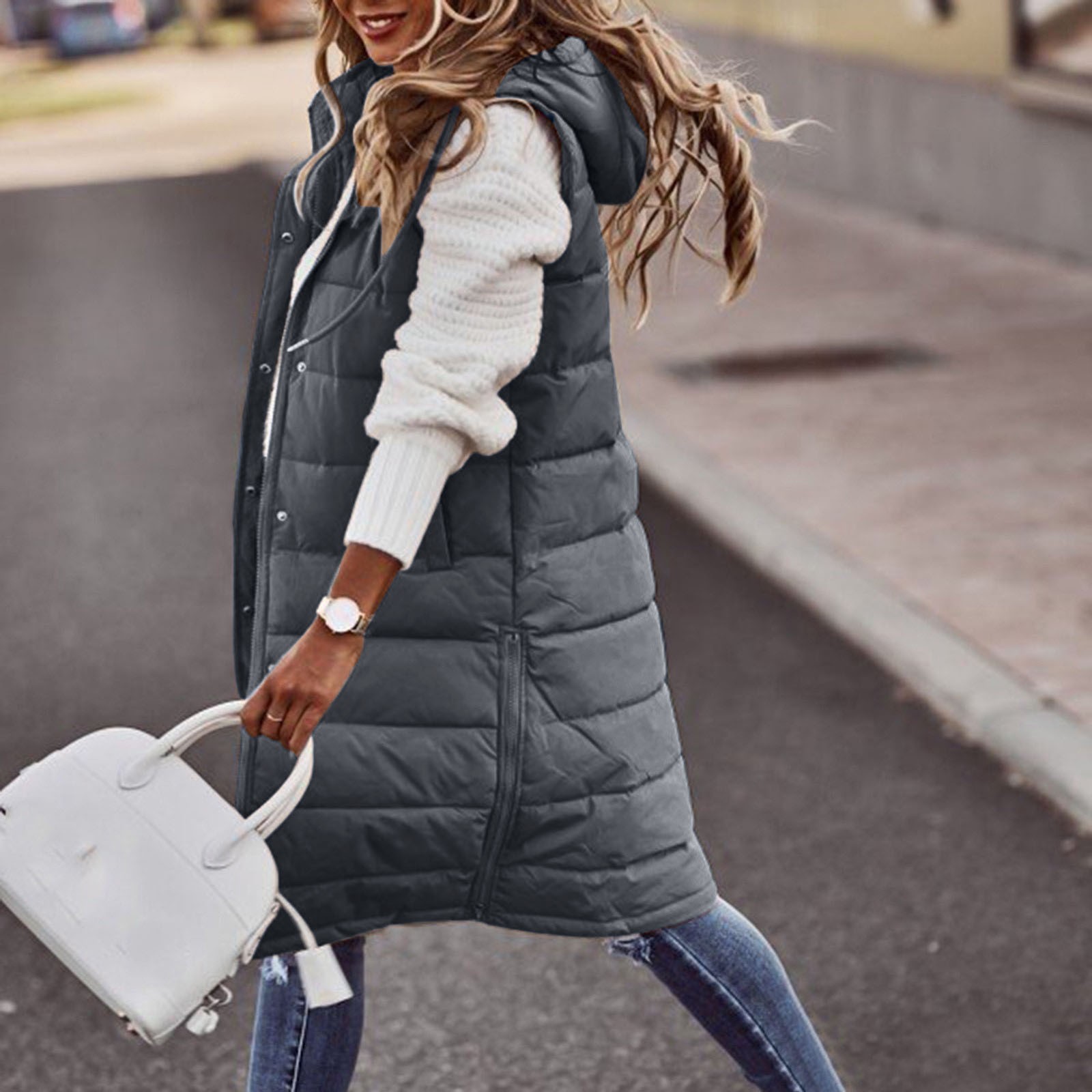 Winter Women's Long Quilted Jacket With Hood Outdoor Sleeveless Down Vest Winter Warm Quilted Coat With Pockets Thermal Parka
