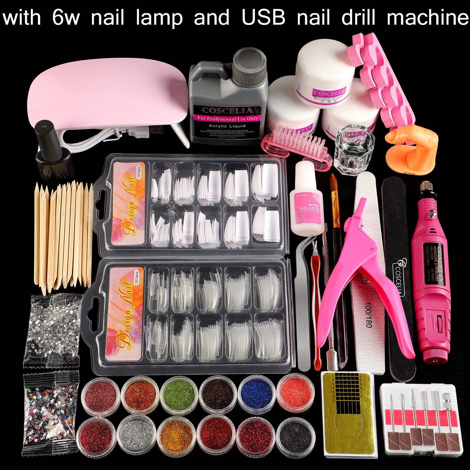 Coscelia akryl søm kit med lampe alt til manicure gel nail kit nail art dekorationer negleboremaskine af fræsere: Indstil e