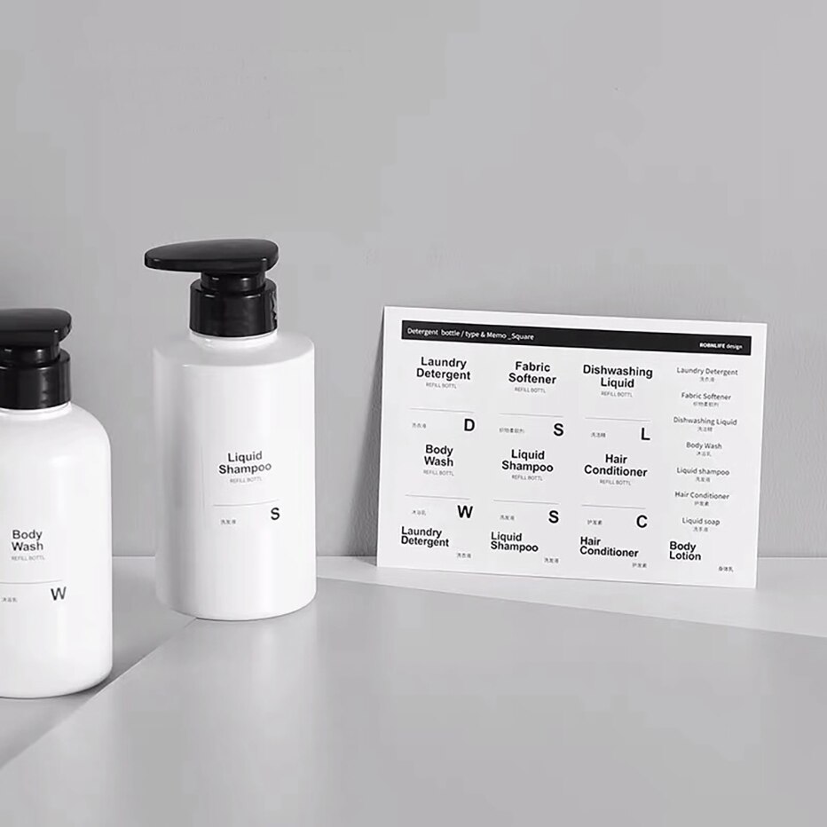 Flaskeklistremerker selvklebende trykte etiketter for sjampo lotion såpedispenser klær vaskerom kjøkken hjemmebruk