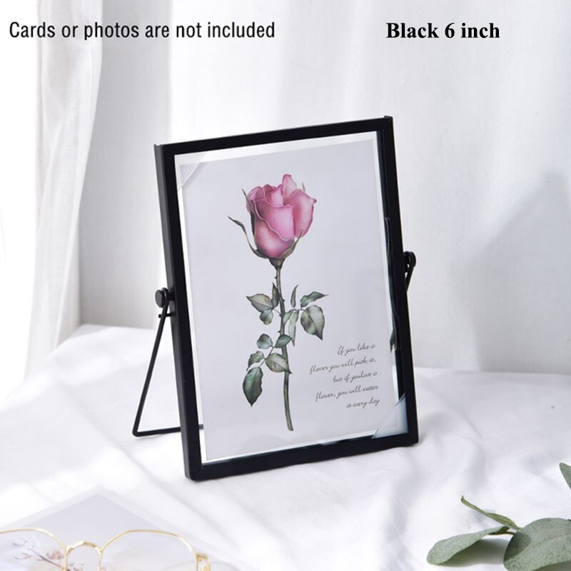 Nordic Geometric Metal Photo Frame Gold Glass Photo Frame Wedding Party Christmas Pictures Stand Holder Artist Home Decoration: Black 6 inch