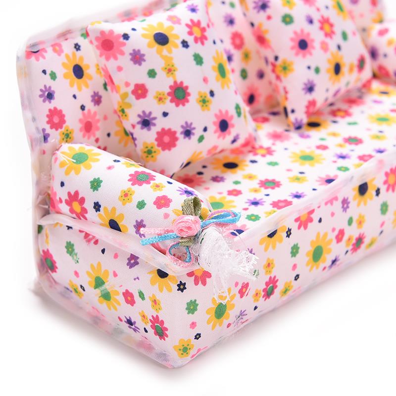 1Set Mini Poppenhuis Meubels Bloem Doek Sofa Couch Met 2 Volledige Kussens Voor Poppenhuis Speelgoed
