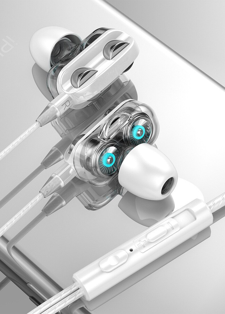 Double lecteur stéréo filaire écouteurs dans l'oreille Sport casque HIFI avec micro mini écouteurs écouteurs pour iPhone Samsung Huawei Xiaomi: white