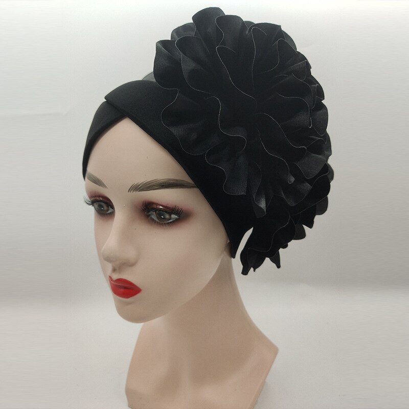 Women&#39;s Already Made Headties Damsak Aso Oke Auto Gele Turban African Hat with Flower Moslin Robe Hijab Cap Muslim Inner: black