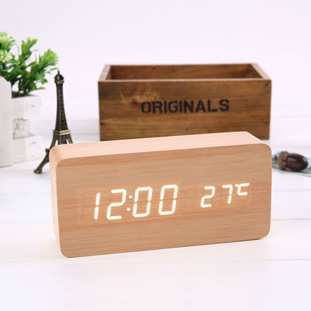 Wooden Alarm Clock Sound Control LED Digital Alarm Clock Electronic Temperature Display Desk Table Clock Auto Brightness Adjust