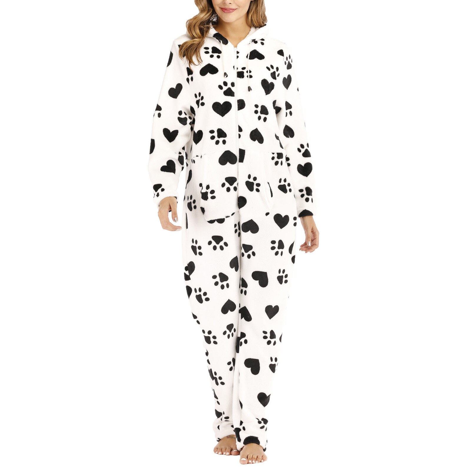 Pyjamas d'impression de noël femmes mignon body vêtements de nuit automne hiver flanelle polaire combinaison chaude vêtements de maison pour les femmes vêtements de nuit: White / M