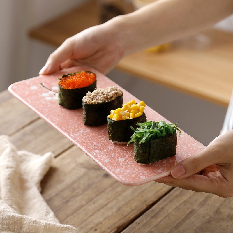 Japanese Style Rectangle Sushi Plate Ceramic Underglaze Cake Fruit Dessert Flat Plate Restaurant Cold Dish Tableware