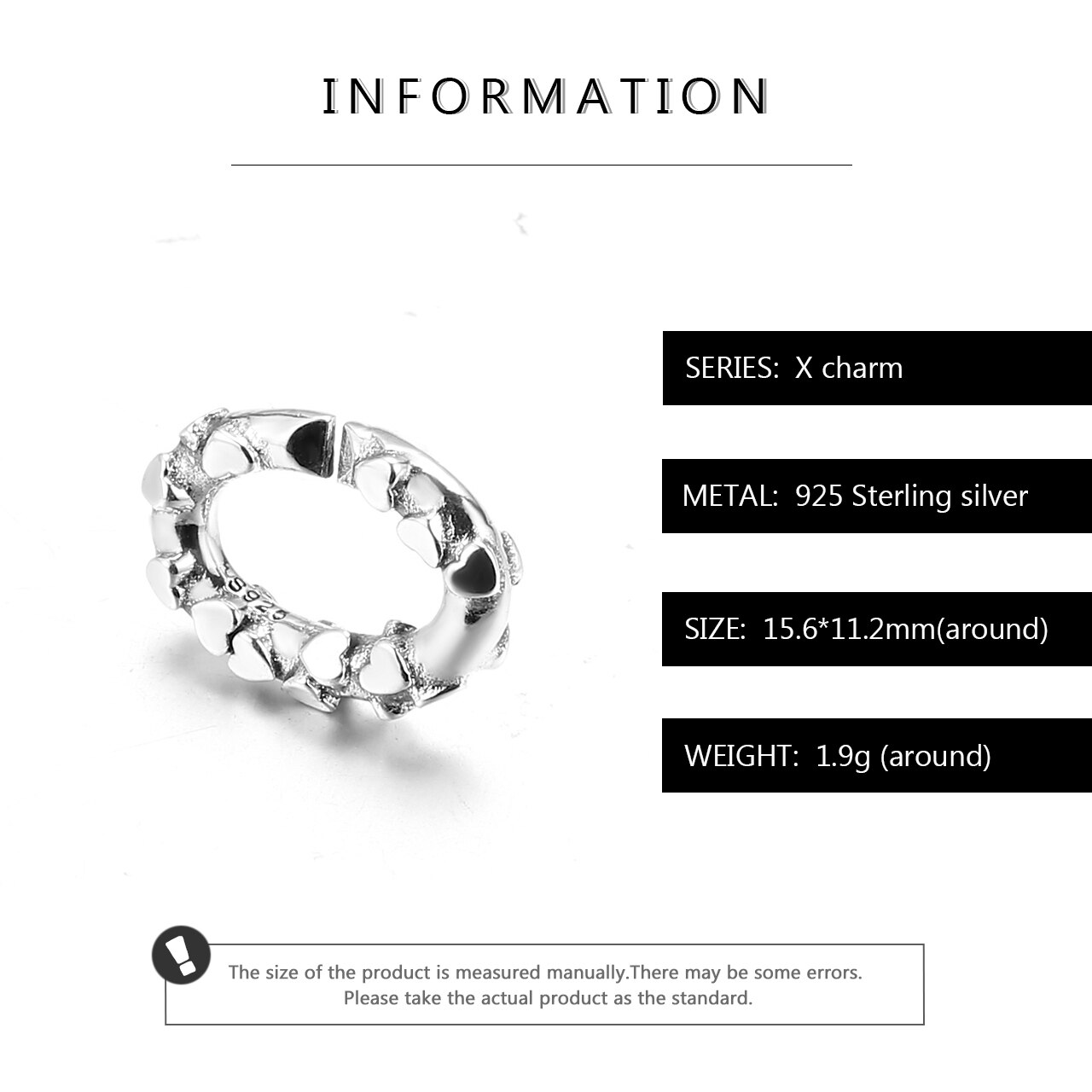 Heart shape round 925 Sterling Silver beads fit Hard Rubber X Link Chain on Hand Women Jewelry