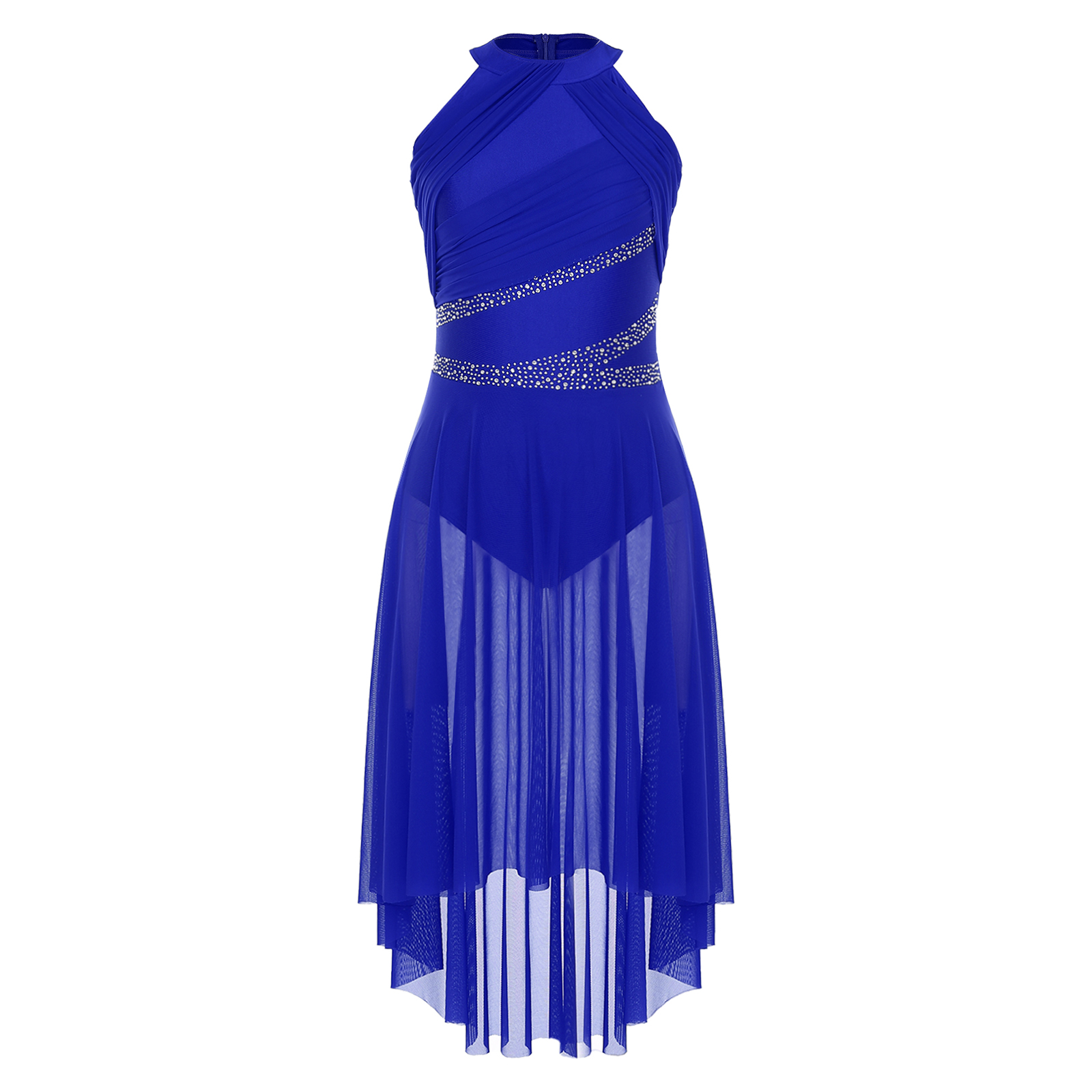 Womens Modern Lyrical Dance Dress High-Low Tulle Rhinestone Ballet Gymnastics Leotards Figure Skating Performance Costume