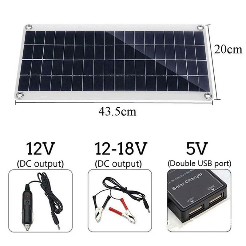 20W Solar Panel Dual USB Output Solar Cells Solar Panel 30A Controller for 12V/24V Battery Power Charger