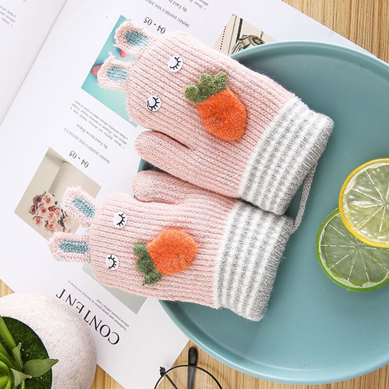 Cartoon Bunny Warme Baby Handschuhe Winter Kinder Kleinkind Baby Fäustlinge gestrickte Dicke Mädchen Jungen Nette Karotte Volle Finger Handschuhe: pink