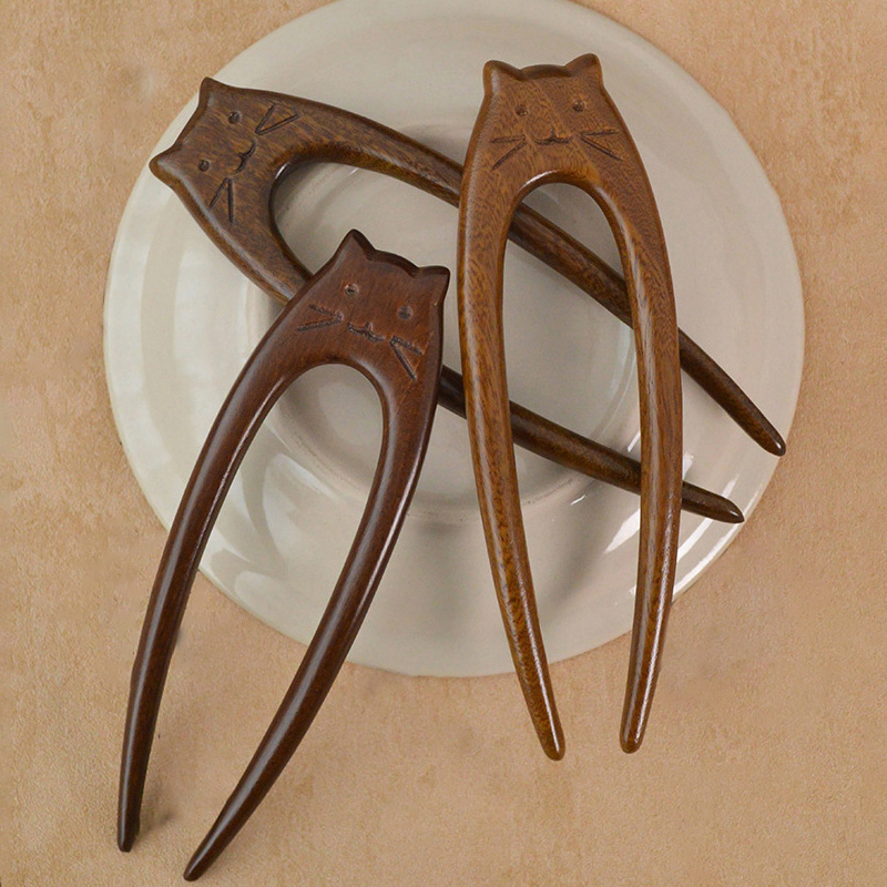 Palillos para el cabello con de gato chino, tenedores para el cabello de madera en forma de U para mujeres y niñas, horquillas Hanfu, tocados, accesorios para el cabello