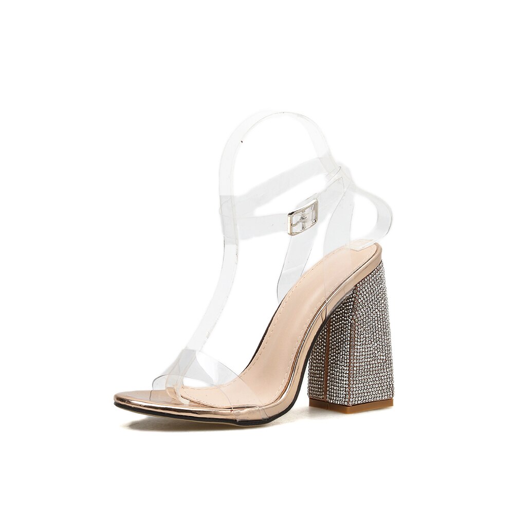 Sandalias de tacón brillante de lujo para mujer, zapatos de plataforma con adorno de cristal transparente, para baile de graduación, Stripper, sexys, para verano,: Dorado / 6,5