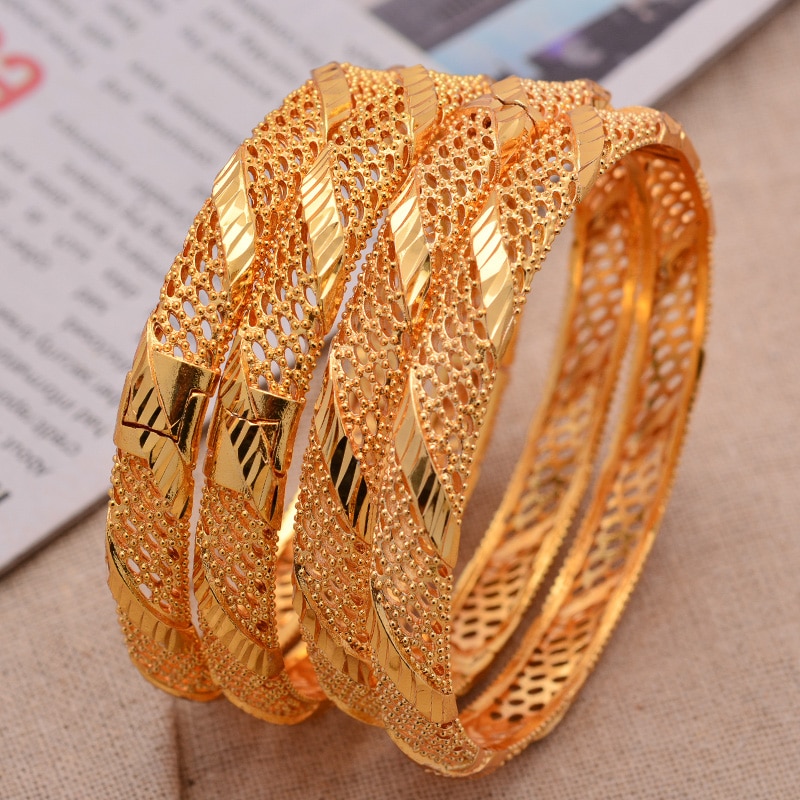 24K (4 Stks/partij) midden-oosten Arabische Dubai Armband Goud Kleur Armbanden Voor Vrouwen Bruid Meisje Afrikaanse Goud Kleur Sieraden Trendy