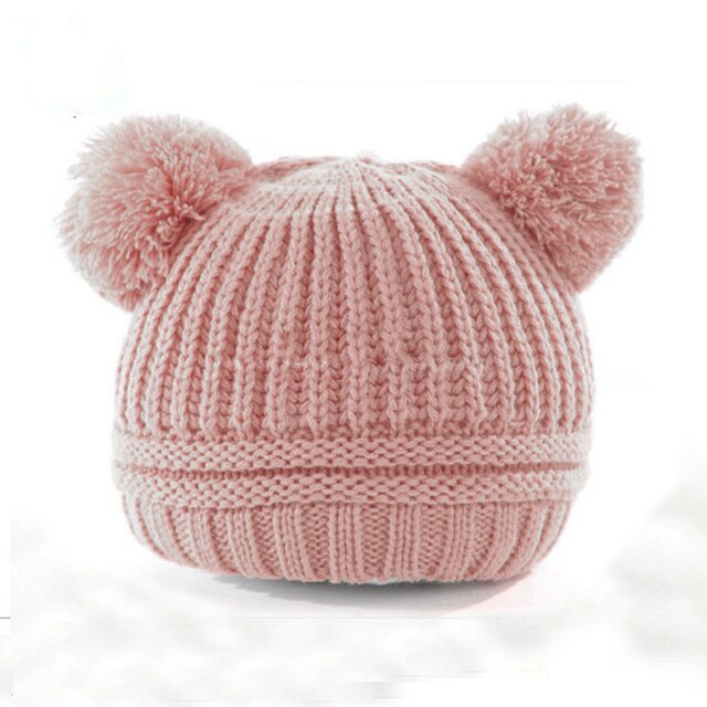 Gorro de punto de lana con dos pompones dobles para niños y niñas de 1 a 3 años, invierno,: Pink