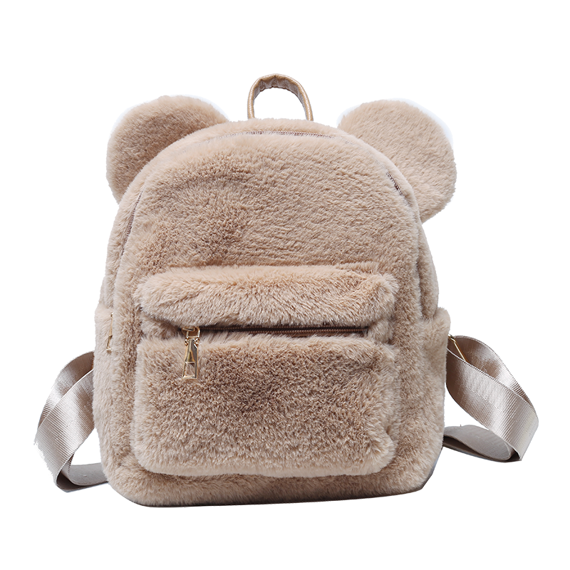 Mini zaino soffice a scacchi per donna 2021 orecchie di orso zaino in peluche scacchiera borsa con spalle in pelliccia zaino peloso scozzese Kawaii: Khaki