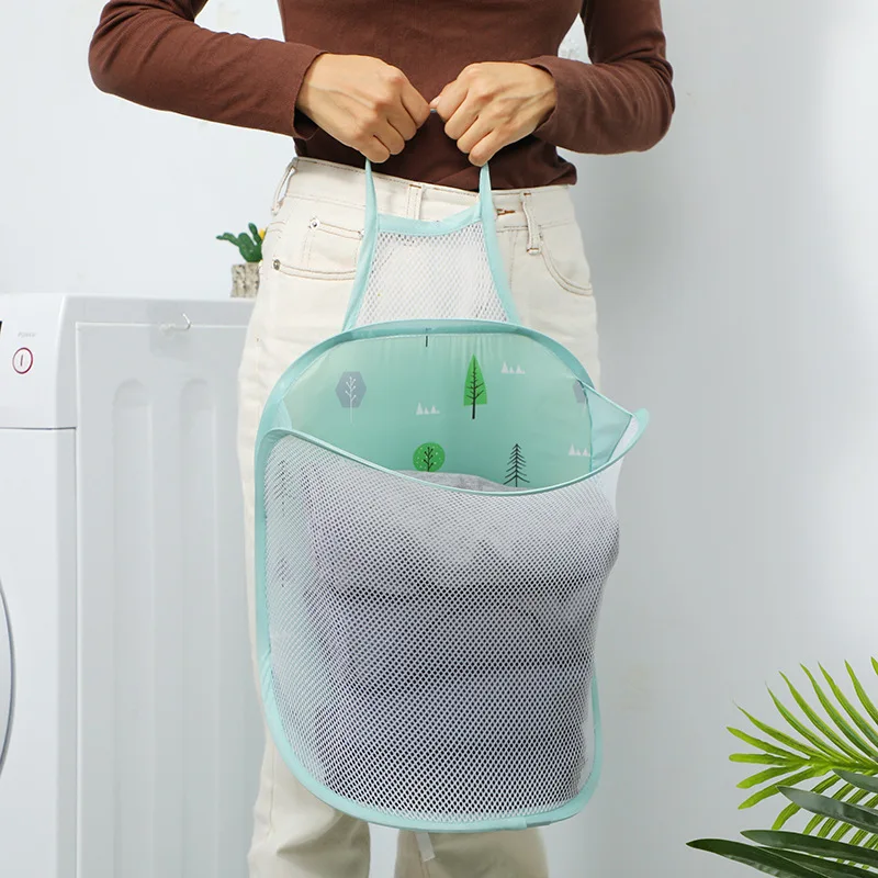 Wall Mounted Foldable Large Capacity Dirty Clothes Basket Laundry Hamper Cloth Nets Storage Organizer Bucket with Lanyard
