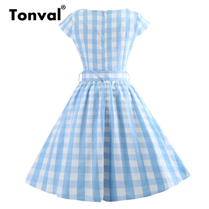 Tonval Blue Plaid Summer Dress Women Gingham Cap S...  Grandado