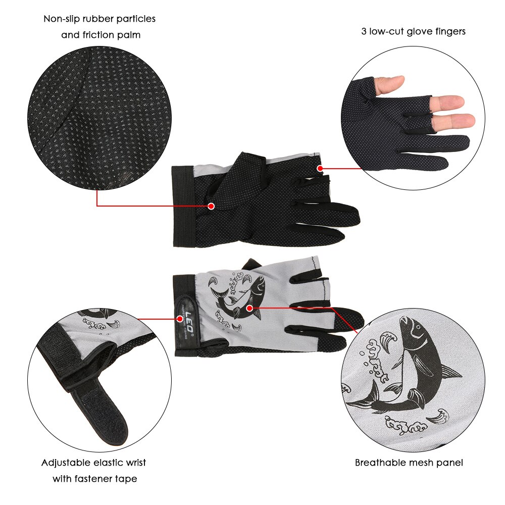 LEO gants de pêche 1 paire/lot 3 doigt coupe extérieur respirant gants Nylon matériel pour Pesca 3 couleur