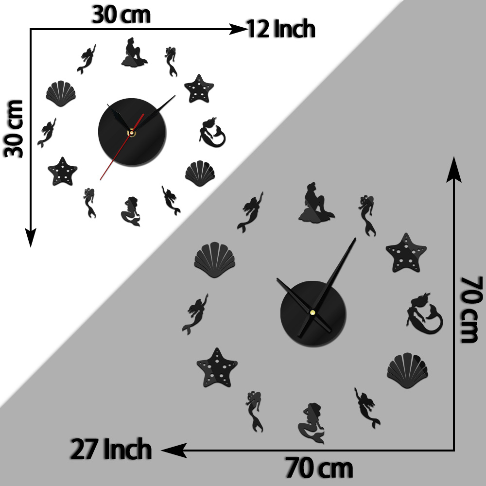 Fairytale Mermaid DIY Big Wall Clock Mermaid Watch Under The Sea Shell Starfish Wall Clock 3D Mirror Effect Wall Sticker