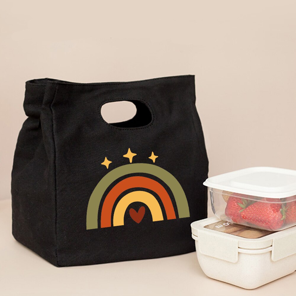 Śliczna modna tęcza drukuj czarne torby na Lunch na co dzień wielokrotnego użytku Eco termiczna torba składana torba podróżna o dużej pojemności Harajuku: Q00728-TBBK-C