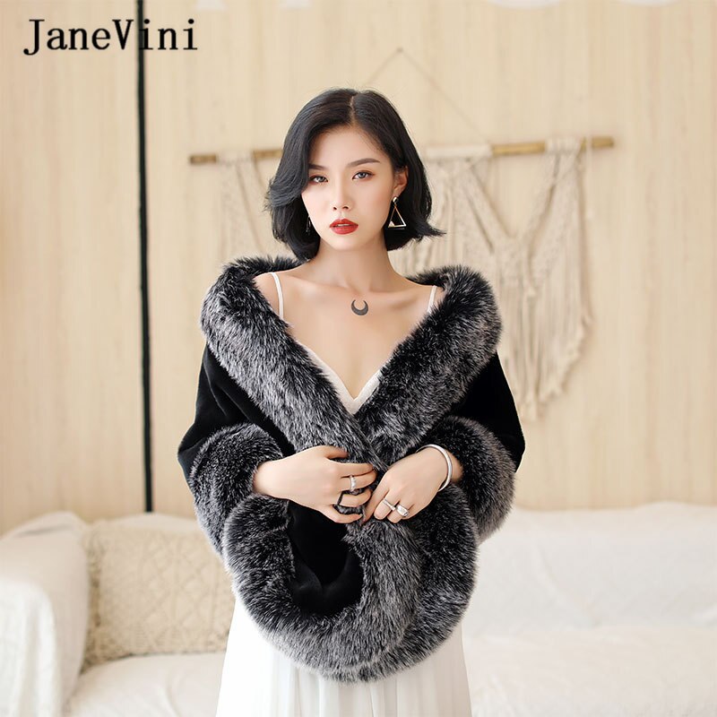 JaneVini noir mariée fausse fourrure boléro châles vêtements d'extérieur haussements d'épaules nouvelles femmes hiver Cape mariage soirée enveloppes