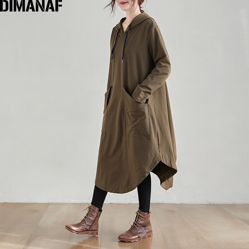 DIMANAF vestido para mujer en tallas grandes de manga larga de algodón con capucha básica Lady Vestidos bolsillos suelto sudaderas con capucha primavera ropa para mujer