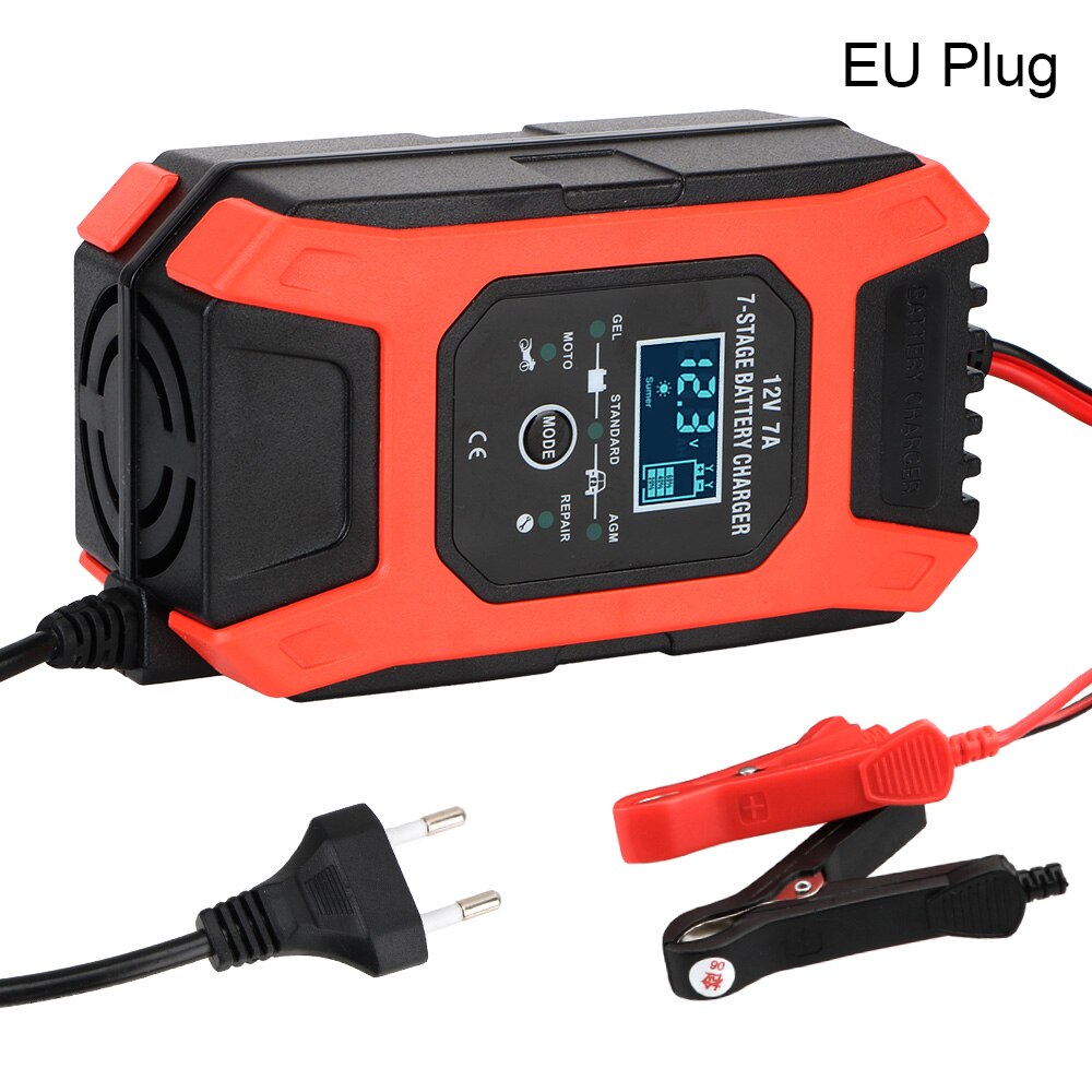 LEEPEE 7 Stage Automatic Smart Car Battery Charger Digital LCD Display 12V 7A Wet Dry Lead Acid Battery-chargers: EU 12V 7A