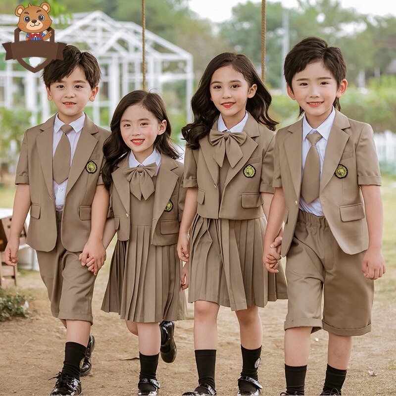 Girls Boys Primary School Uniform Set Children Jk Summer Academy Performance Class Plaid Pleated Skirt Short Sleeve Shirt Suit