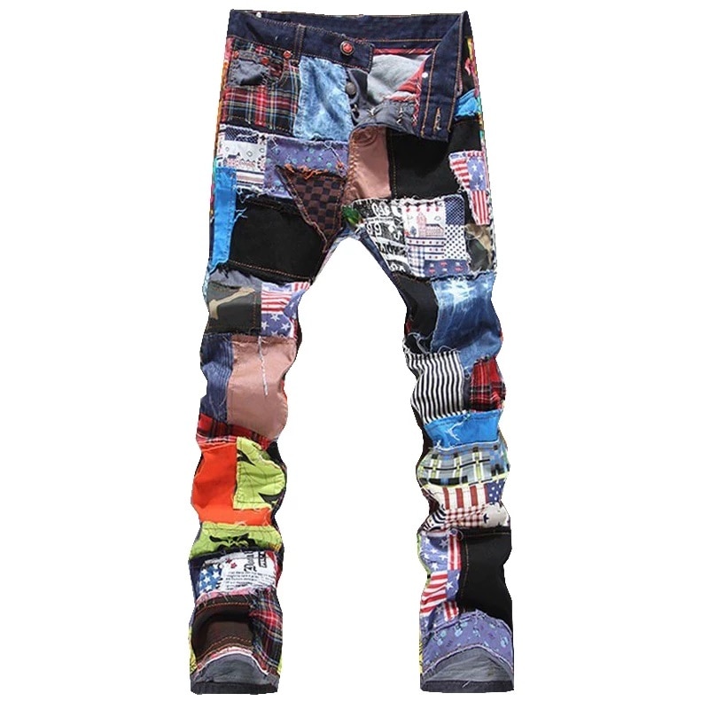 Pantalones vaqueros rasgados de retales para hombre, pantalones vaqueros masculinos ajustados a la con botones de parche de colores, Pantalones rectos con volantes