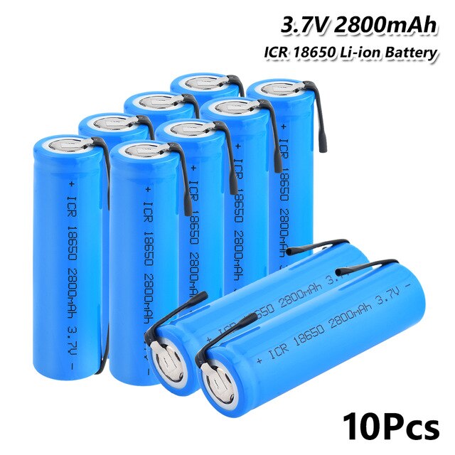 1/2/4/6/8/10 Uds 18650 batería 2800mAh ICR 18650 Li-ion de 3,7 V batería recargable con soldadura de pestañas para linterna Led faro: 10 Pcs