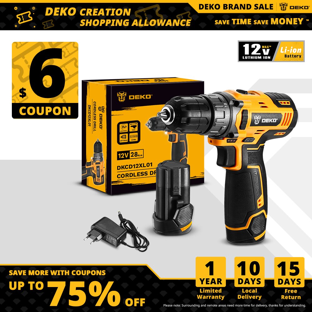 DEKO-taladro con batería de iones de litio, 12V, 1.5AH, DKCD12XL01, 18 + 1 ajustes,