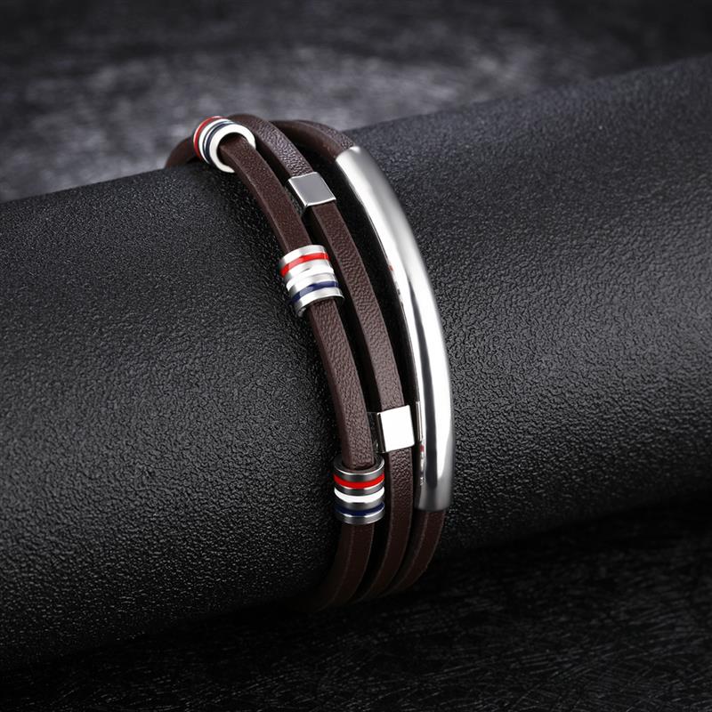 Jiayiqi Brown Leather Bracelet for Men Jewelry Stainless Steel Silver Color Beads Bangles Vintage Male Accessories