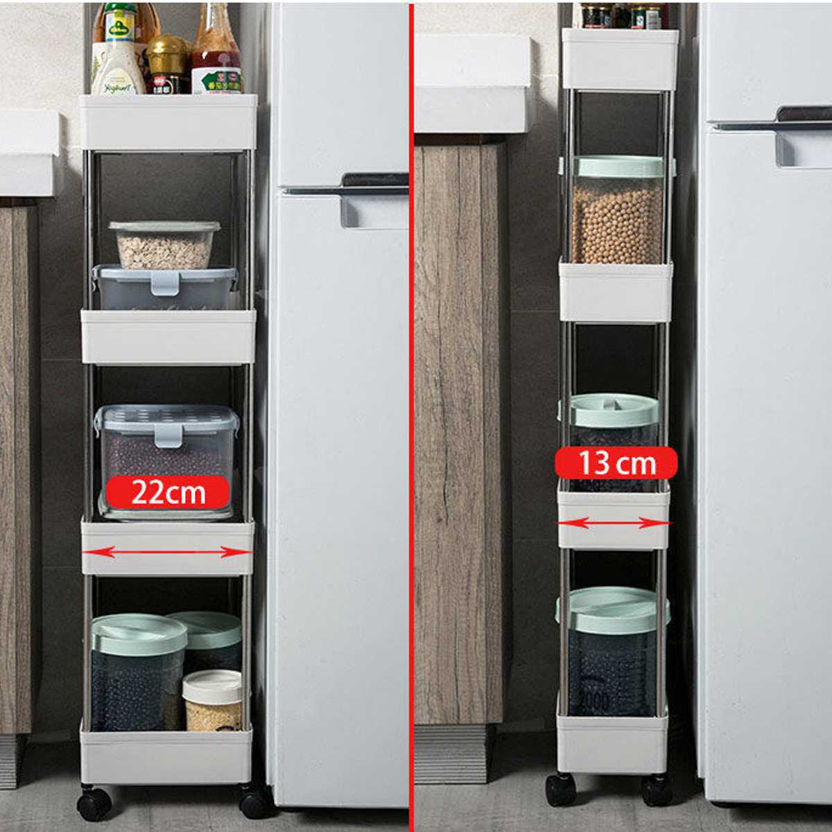 4 Layer Gap Kitchen Storage Rack Slim Slide Tower Movable Assemble Plastic Bathroom Shelf With Wheels Space Saving Organizer