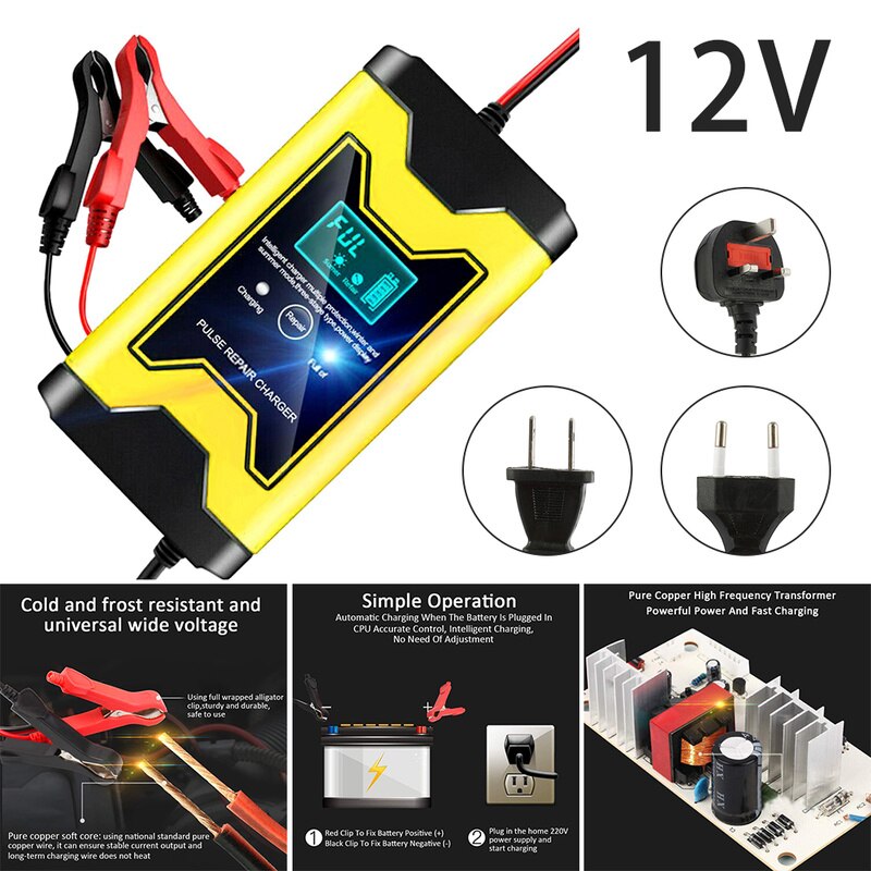 Car Battery Charger 12V 6A Full Automatic Pulse Repair Chargers Intelligent Fast Power Lead Acid UK Plug LCD Display