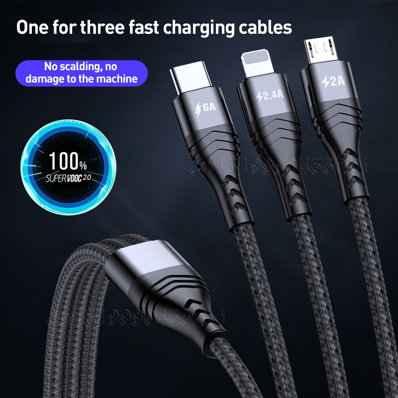 3-in-1 USB-Kabel 6A Schnelladen für iPhone, Huawei, Samsung - USB-A auf Typ-C, Mikro USB, Blitz