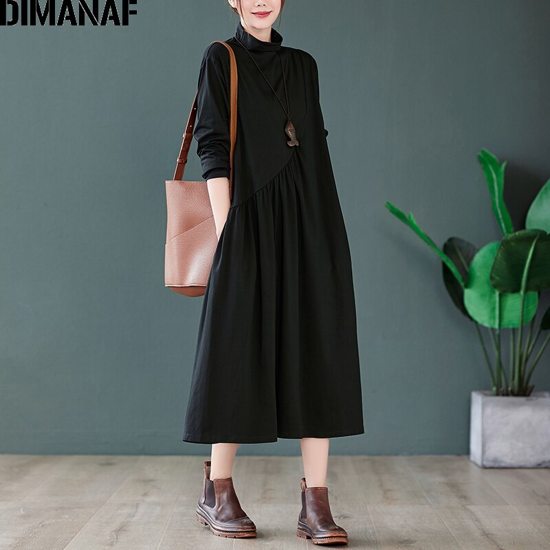 DIMANAF Autumn Winter Plus Size Women Dress Long Sleeve Turtleneck Lady Vestidos Cotton Pleated Loose Female Clothing: Yue1196-hei / M