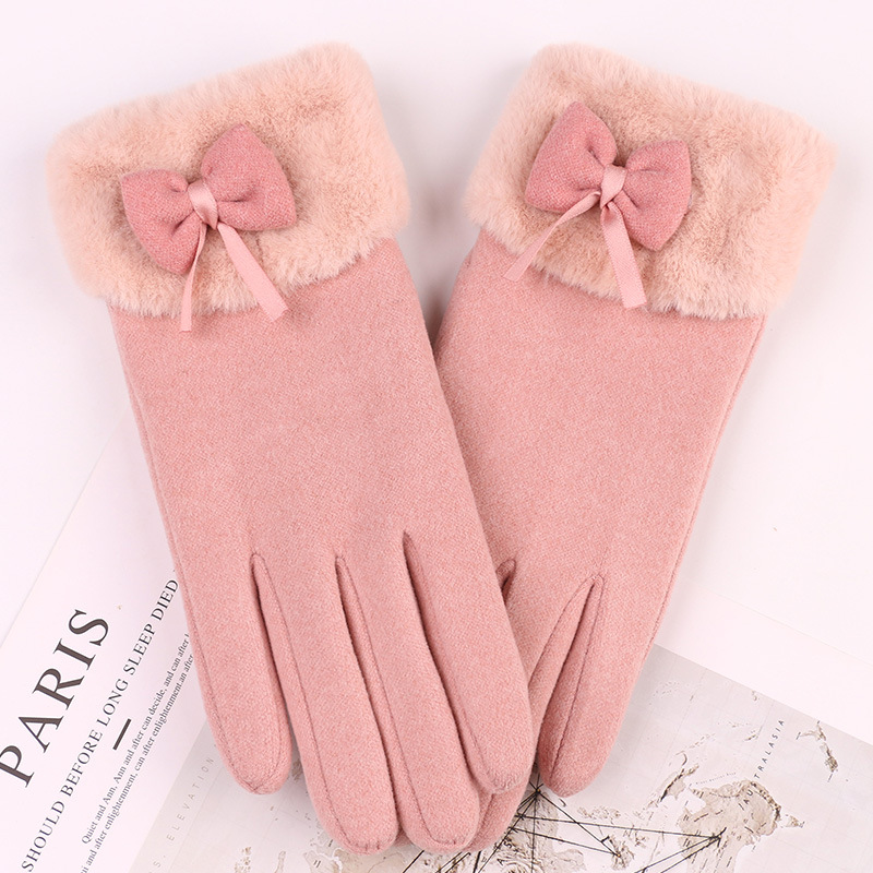 Cute Bow-Knot Glove Girl Winter Thicken Warm Mittens Women Driving Keep Warm Hand Youth Female Touch Screen Gloves: WHITE