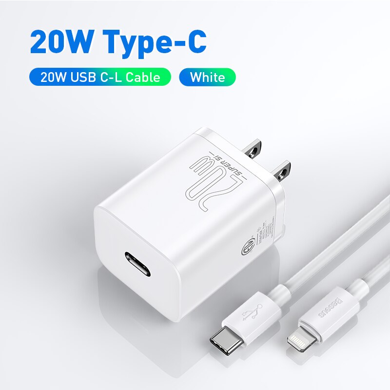 Baseus usb-c-ladegerät mit 20w us-steckern, faltbar, für iphone 12 pro max, unterstützt usb-c pd-schnellladen 11: Mit weißem ip-kabel