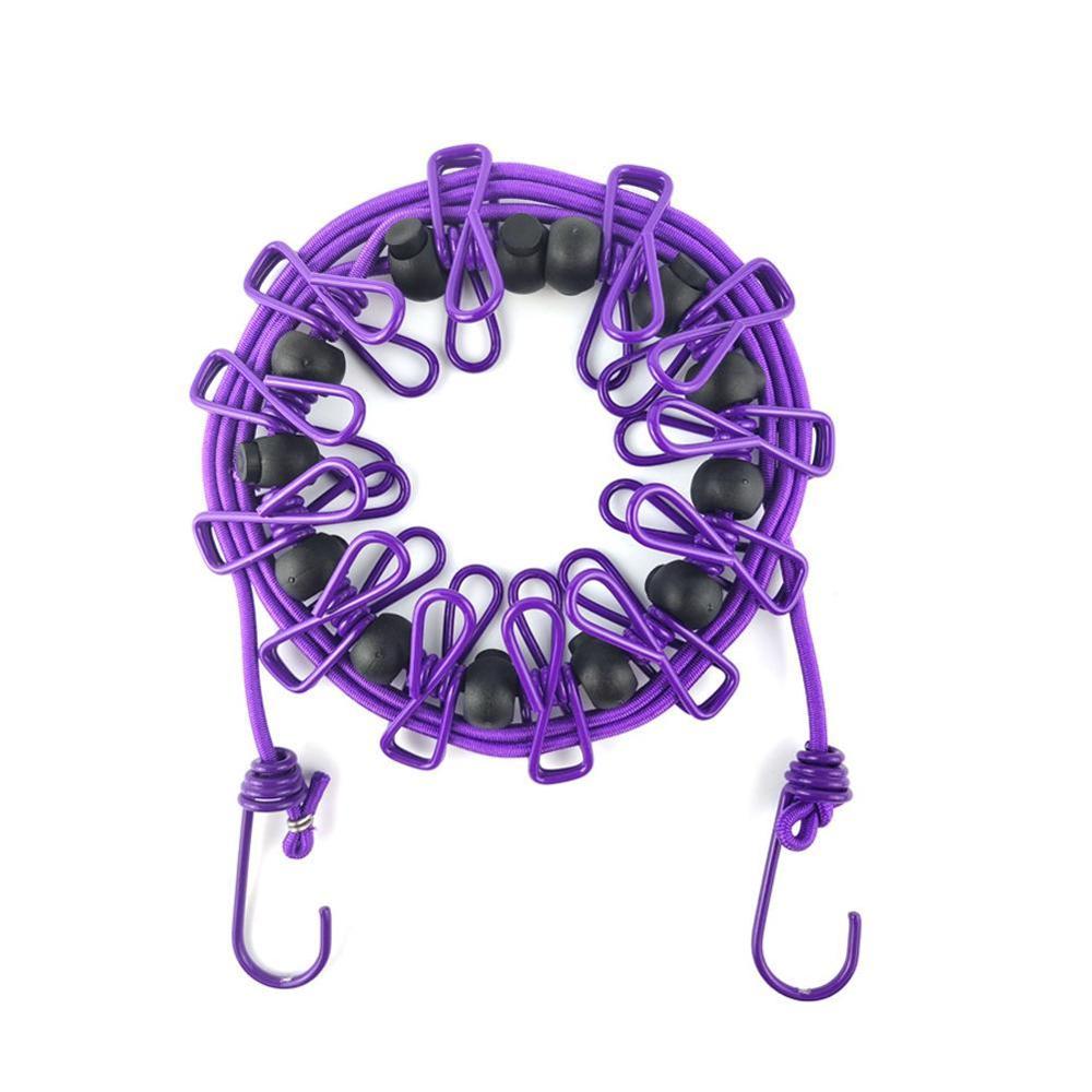 Solid Portable Travel Clothesline for Home Hotel Camping Indoor Outdoor Adjustable End Hooks 12 Clothespin Movable Locking Beads: Purple