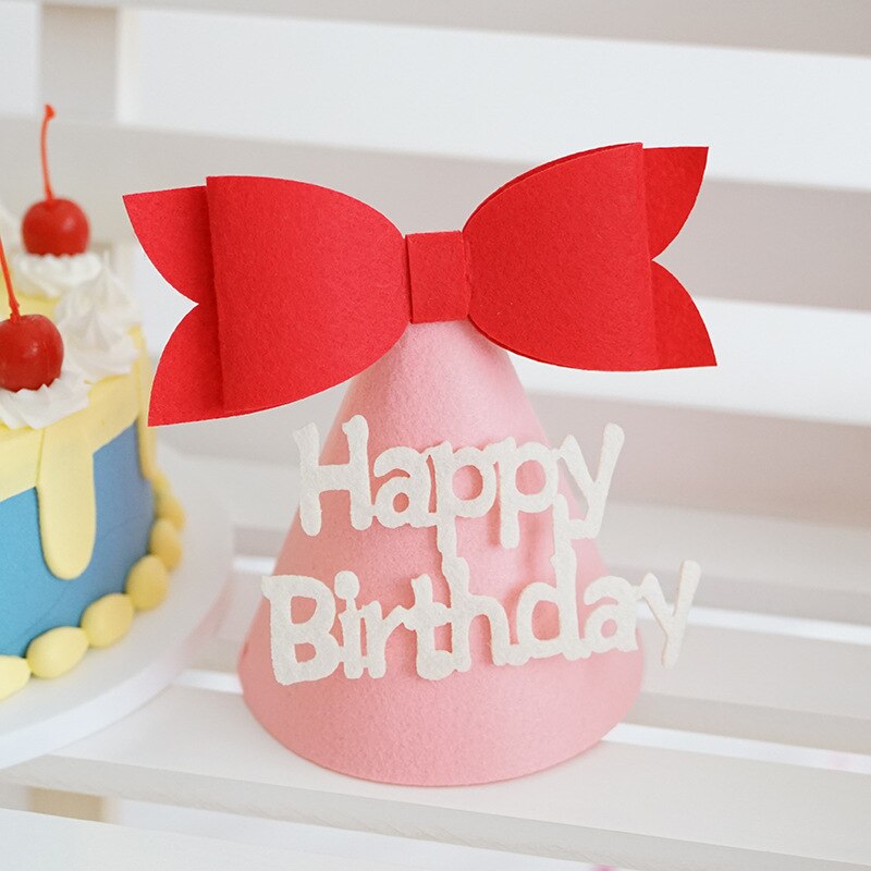 Chapeau d'anniversaire pour enfants, joli chapeau avec nœud en feutre, pour bébé de 100 jours, décoration de fête, accessoires Photo: 06