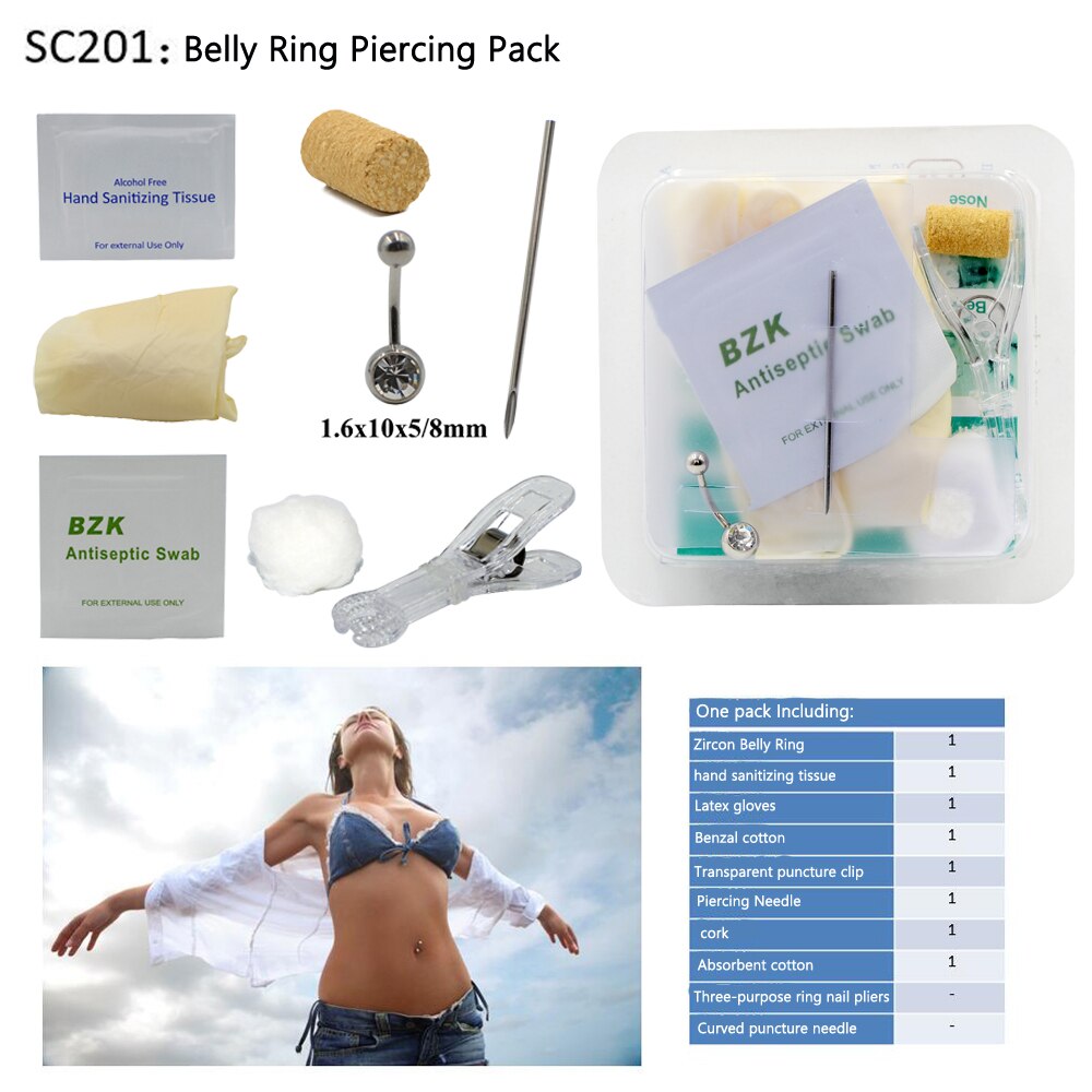 Kit de perçage de corps jetable Kit de perçage stérile médical pour oreille nez mamelon ventre nombril Septum Piercing outil Machine Kit: SC201 Belly Ring