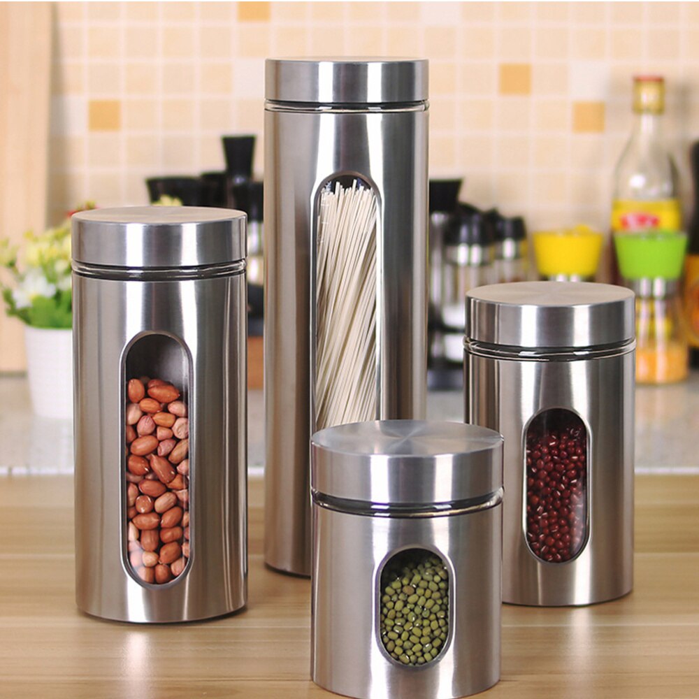 Stainless Steel Storage Tank Kitchen Food Storage Tank Visible Glass Sealed Tank (950ml)