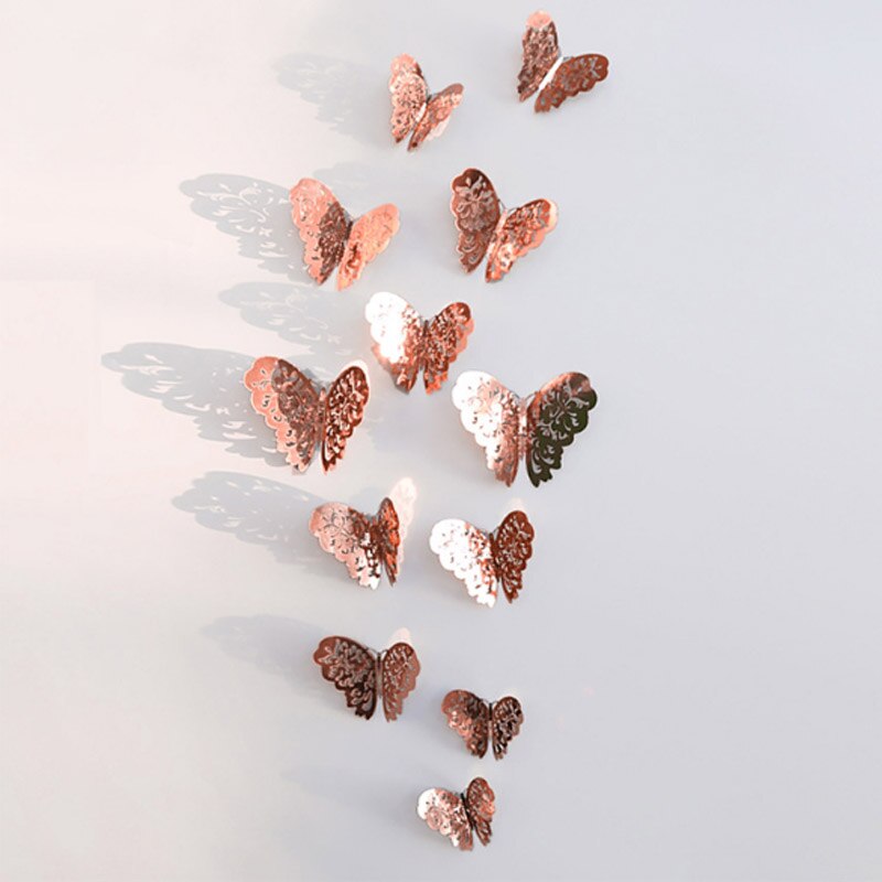 12 unids/lote de calcomanías de mariposa 3D doradas y plateadas para pared, calcomanías artísticas para el hogar, pegatinas para pared, decoraciones para exhibición de mariposas para fiestas y: A-rose gold